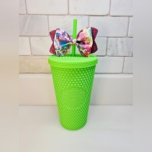 💚Starbucks Neon Green 16oz Tumbler With Lisa Frank Bow